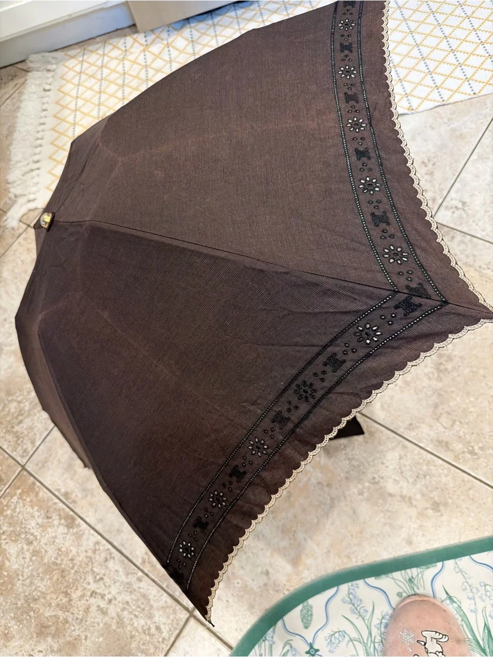 Celine Black Compact Umbrella with Gold Lace Trim - Picture 10 of 14